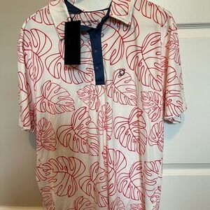 Leaf Print Polo Shirt with Red Accents